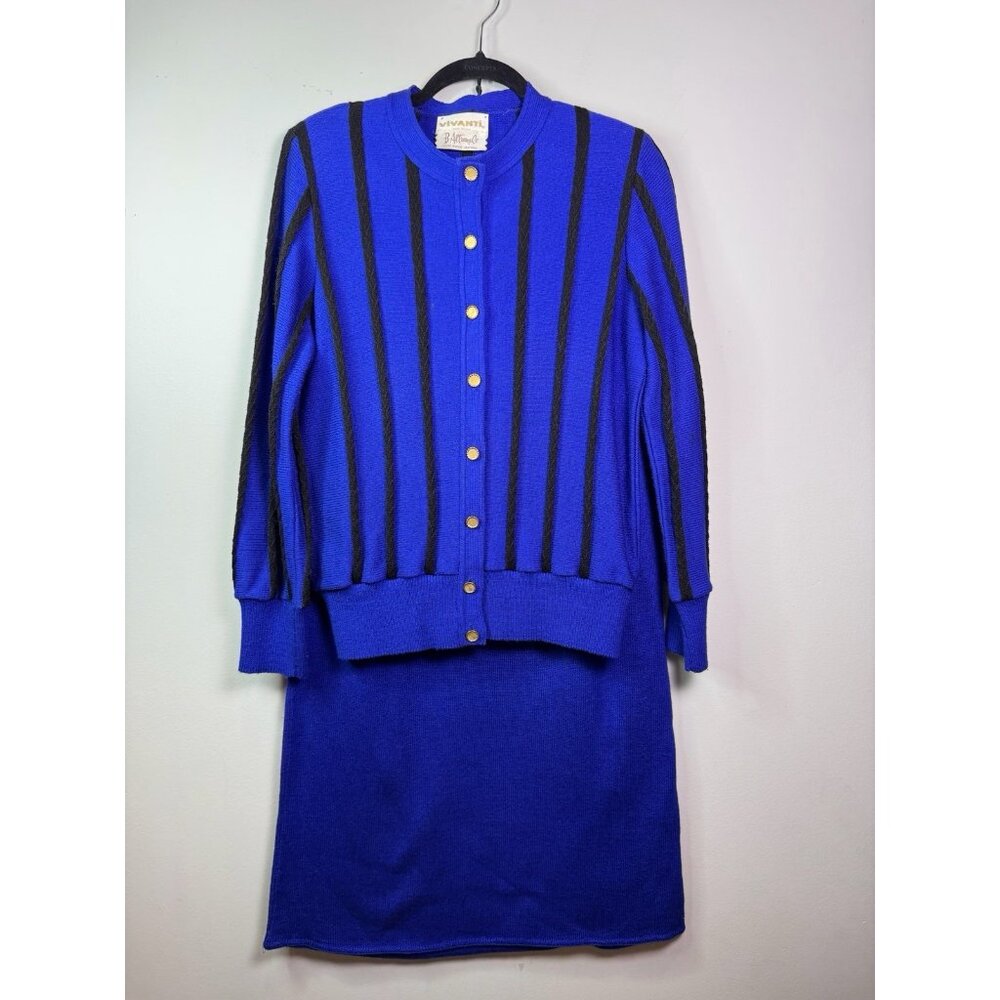 VTG Vivanti B Altman Knit Jacket Skirt Set Blue Black Stripe Gold Button 12 MINT
